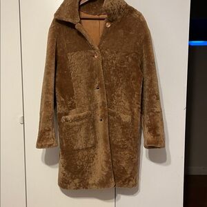 Tan Leather Shearling Jacket with Fur Trim. Reversible!